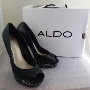 ALDO Ibalede-97 Sequined Open-Toe Black Heels sz 8